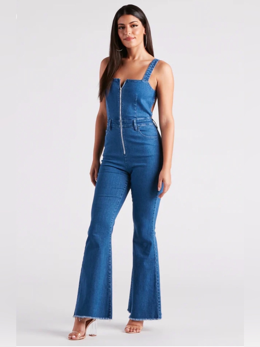 Windsor Blue Denim Zip-Front Flare Jumpsuit - Picture 3 of 7